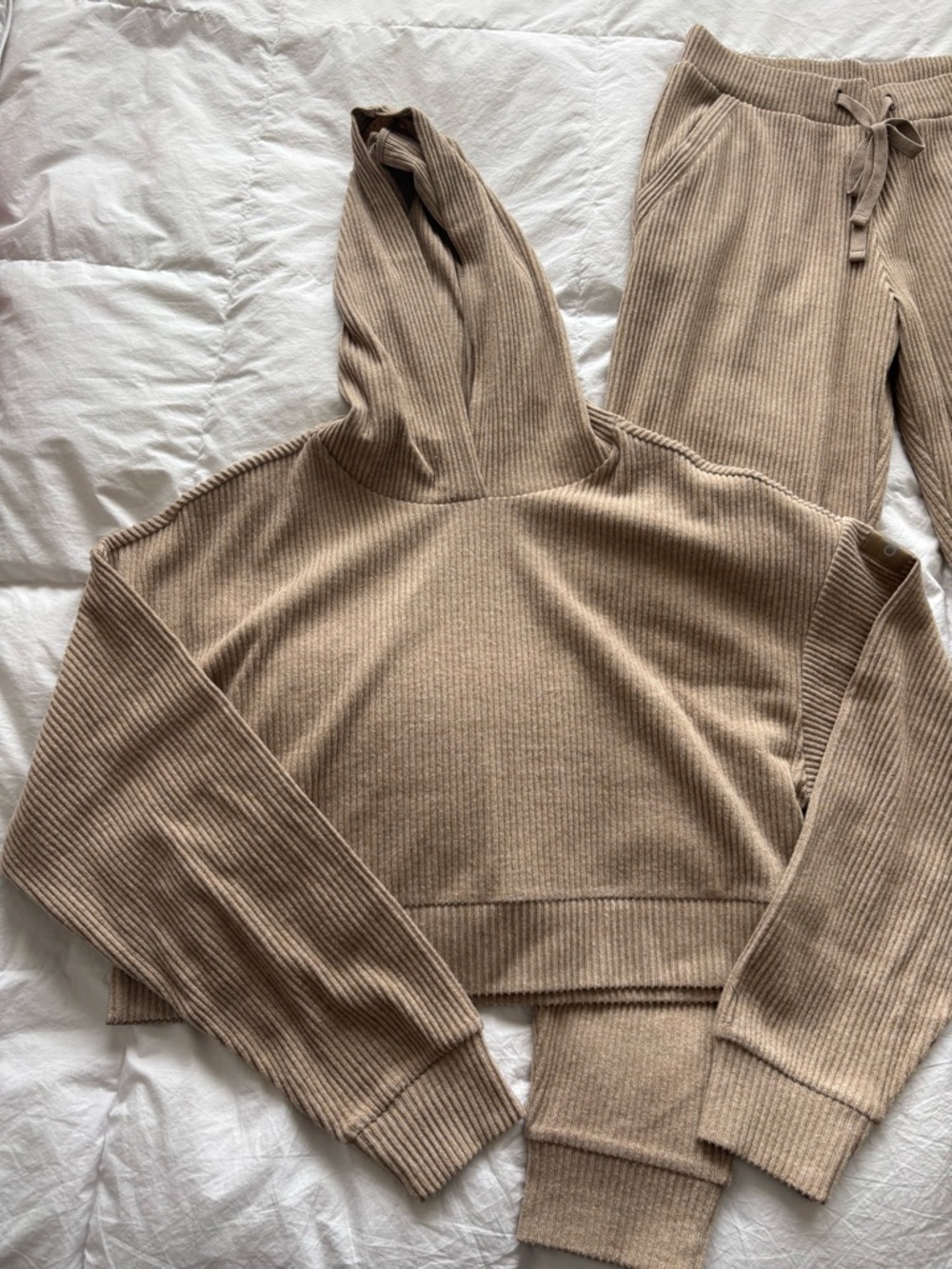 ALO Yoga Ribbed Hoodie & Joggers Set in Beige